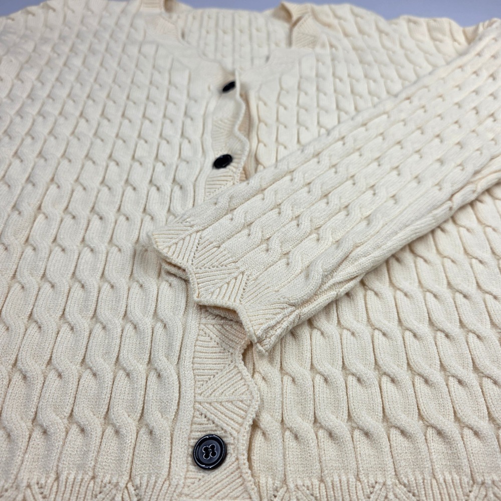 Cream Cable Knit Scalloped V-Neck Cardigan Sweater Large B8C745 - Picture 7 of 11